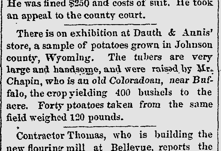Dauth Family Archive - 1884-10-09 - Fort Collins Courier - Louis Dauth Potato Exhibit