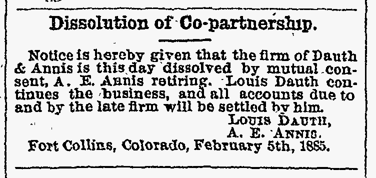 Dauth Family Archive - 1885-02-05 - Fort Collins Courier - Louis Dauth and A. E