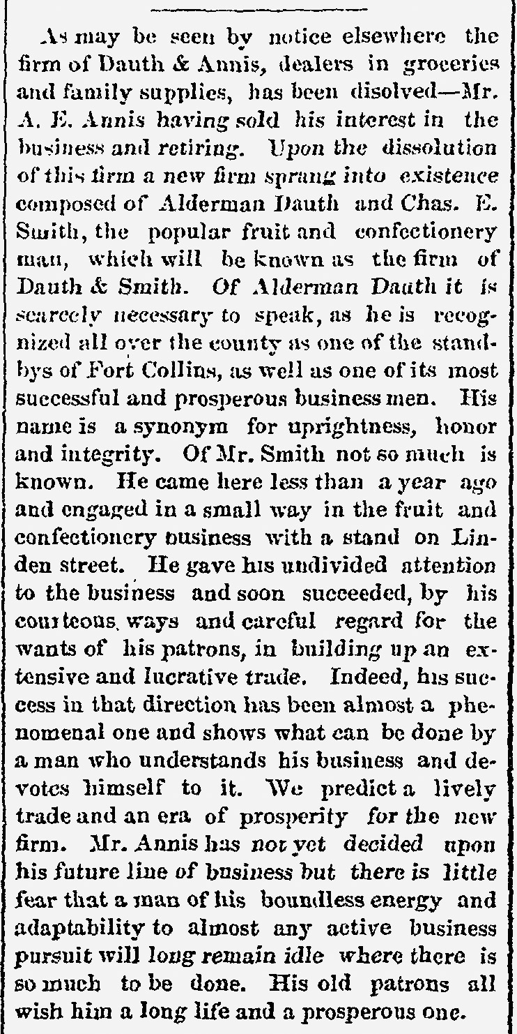 Dauth Family Archive - 1885-02-12 - Fort Collins Courier - Louis Dauth and Chas Smith Plan Business Partnership