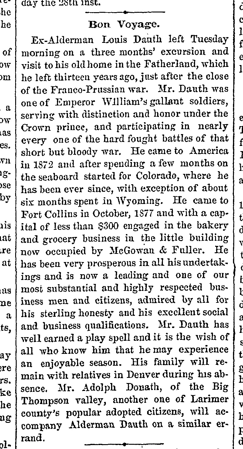 Dauth Family Archive - 1885-11-26 - Fort Collins Courier - Louis Dauth Travels To Germany