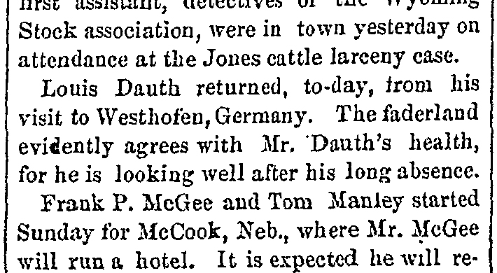 Dauth Family Archive - 1886-02-18 - Fort Collins Courier - Louis Dauth Returns From Germany