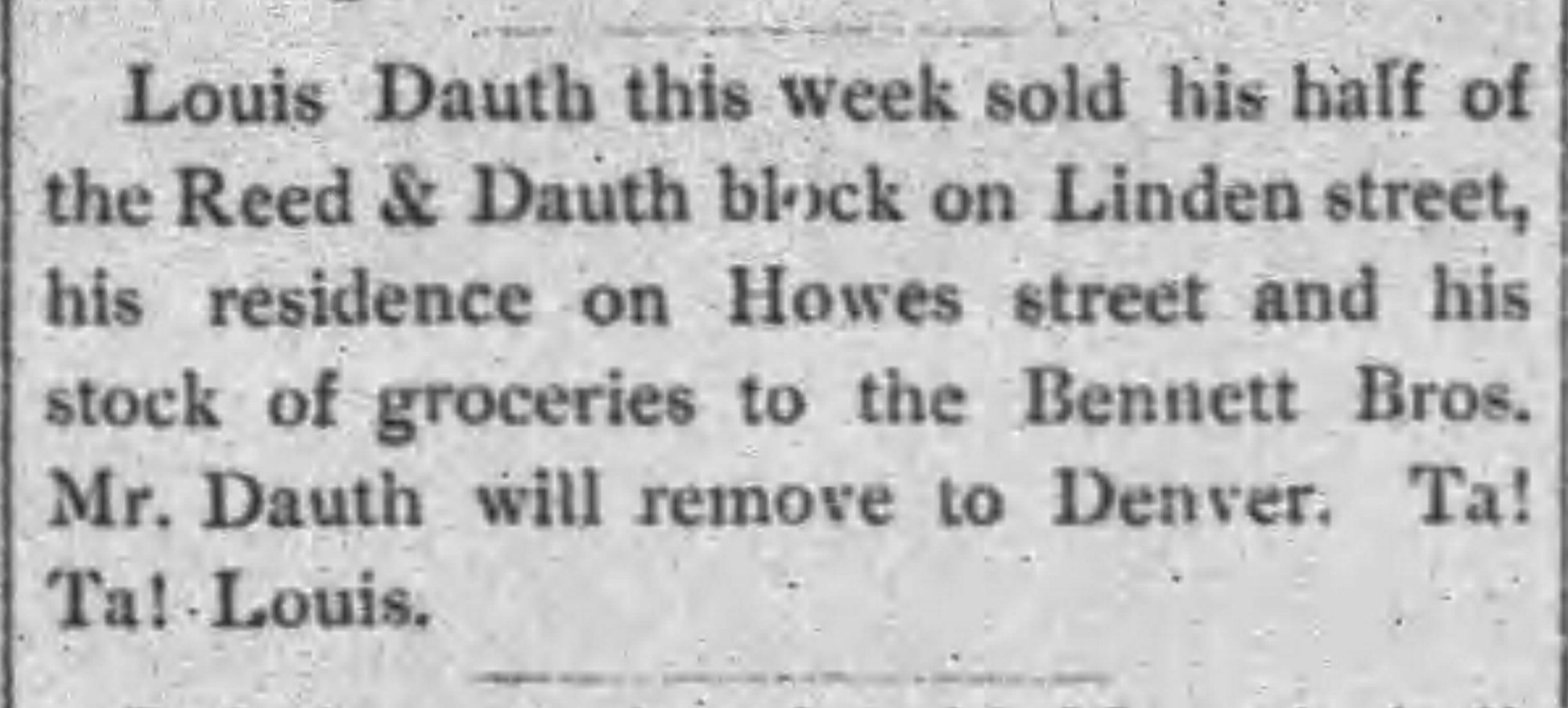Dauth Family Archive - 1888-02-18 - The Fort Collins Express - Louis Dauth Sells His Store