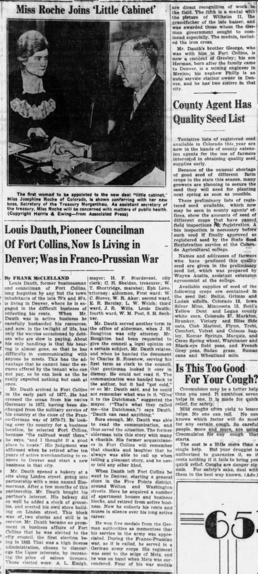 Dauth Family Archive - 1934-11-19 - The Fort Collins Express Courier - Louis Dauth Biography