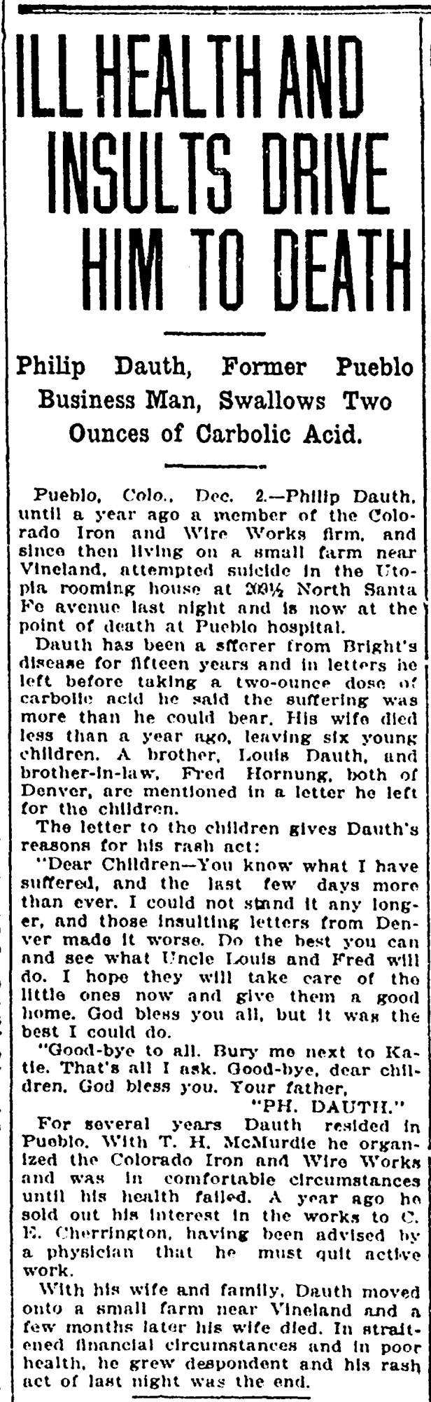 Dauth Family Archive - 1905-12-02 - Denver Post - Philip Dauth Suicide