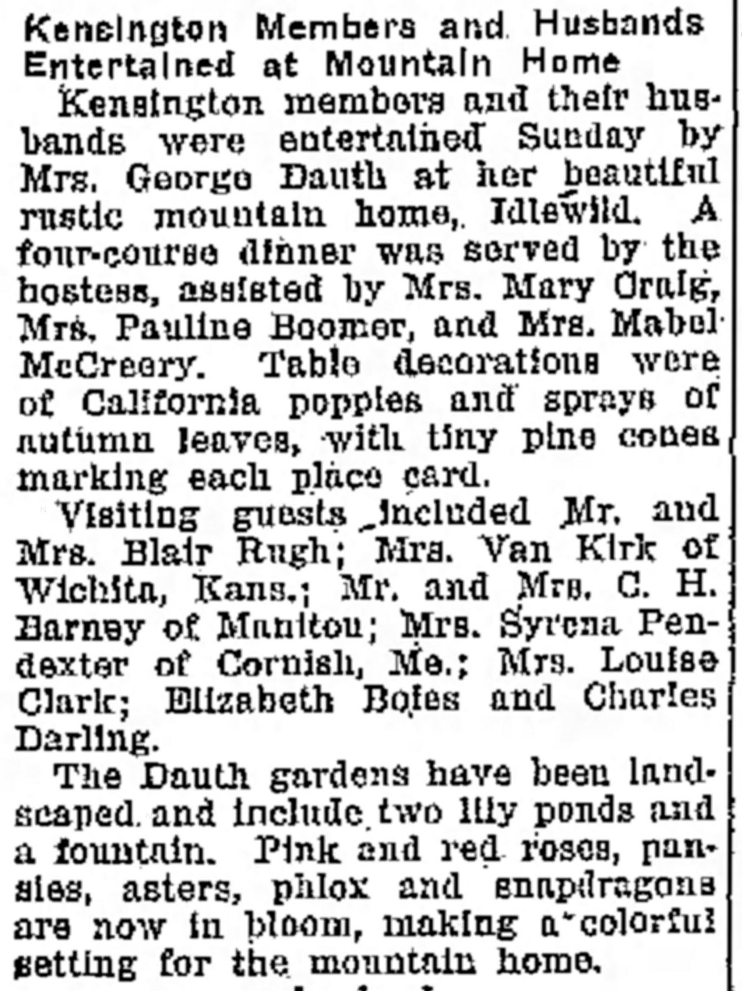Dauth Family Archive - 1929-09-24 - Greeley Daily Tribune - Florence Dauth Hosting Kensington Club At Idlewild