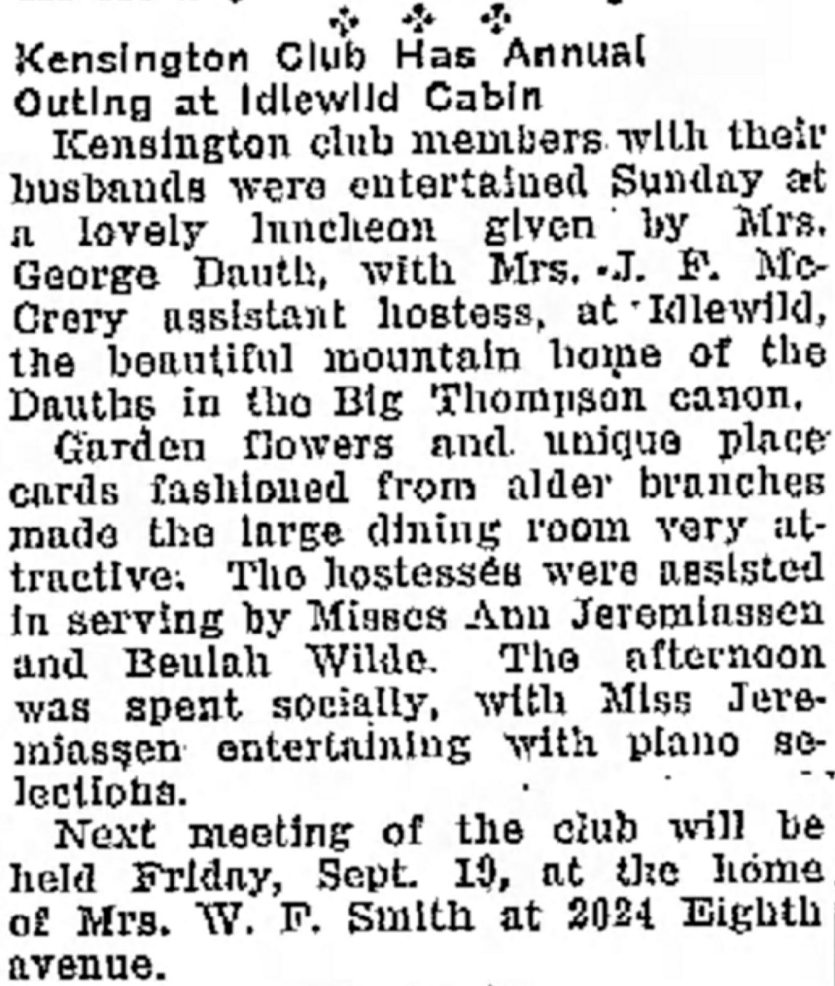 Dauth Family Archive - 1930-09-11 - Greeley Daily Tribune - Florence Dauth Hosts Kensington Club At Idlewild