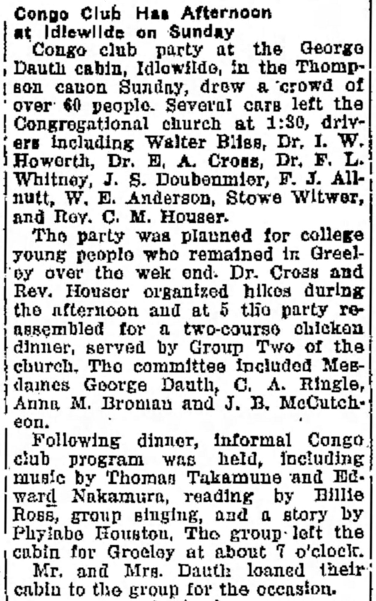 Dauth Family Archive - 1931-11-03 - Greeley Daily Tribune - Florence Dauth Hosts Congo Club At Idlewild Lodge