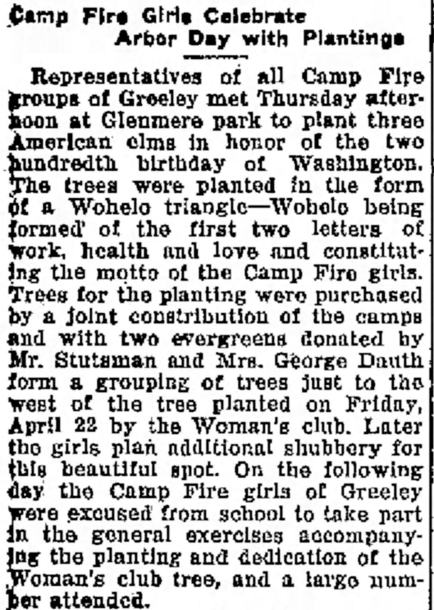 Dauth Family Archive - 1932-04-23 - Greeley Daily Tribune - Florence Dauth Planting Trees With Camp Fire Girls
