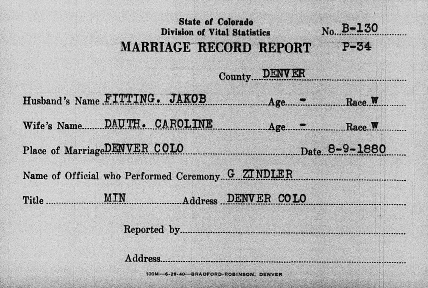 Dauth Family Archive - 1880-08-09 - Caroline Dauth Marriage License