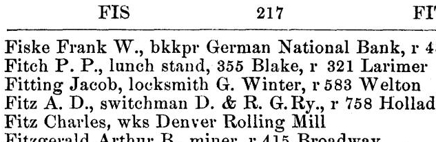 Dauth Family Archive - 1881 - Denver Directory - Entry for Jacob Fitting
