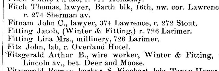 Dauth Family Archive - 1884 - Denver Directory - Entry for Lina And Jacob Fitting