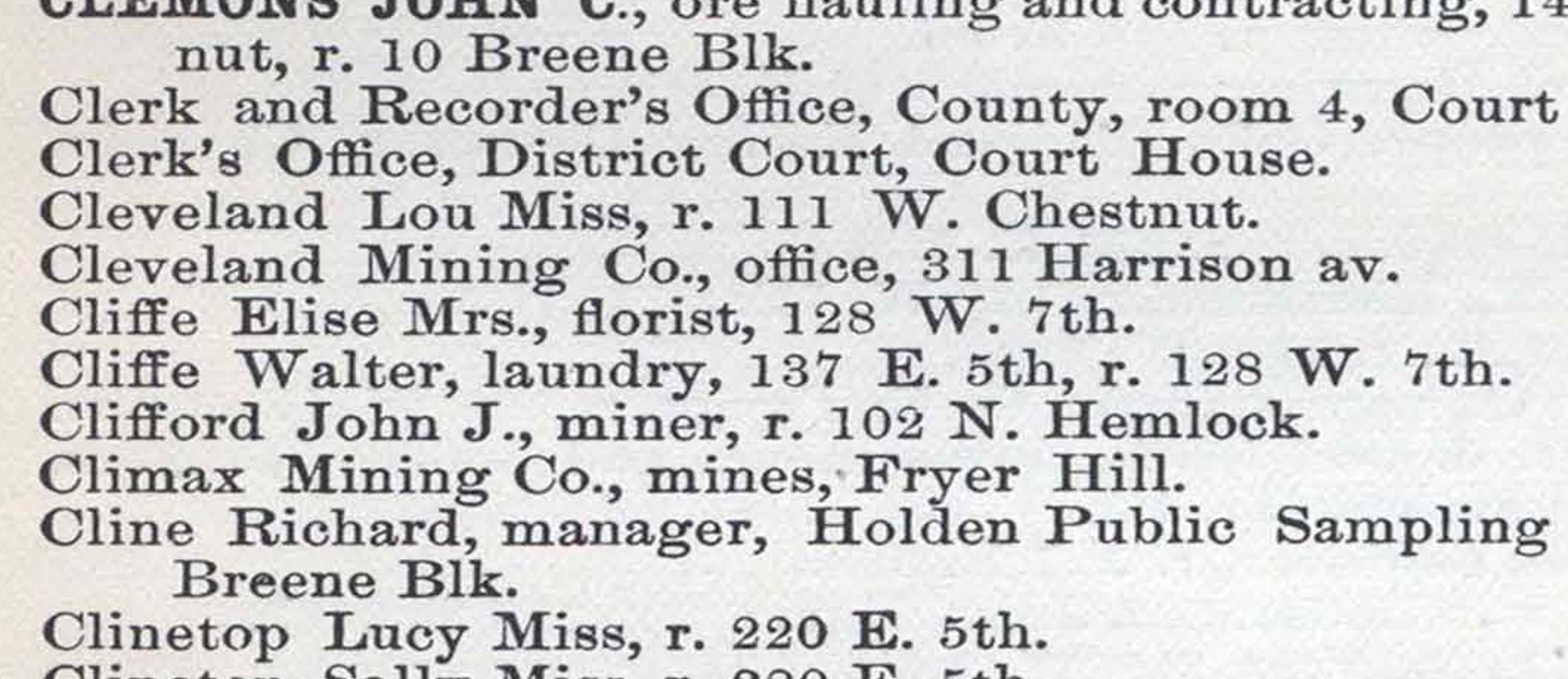 Dauth Family Archive - 1888 - Leadville Directory - Entry for Walter and Elisabeth Cliffe