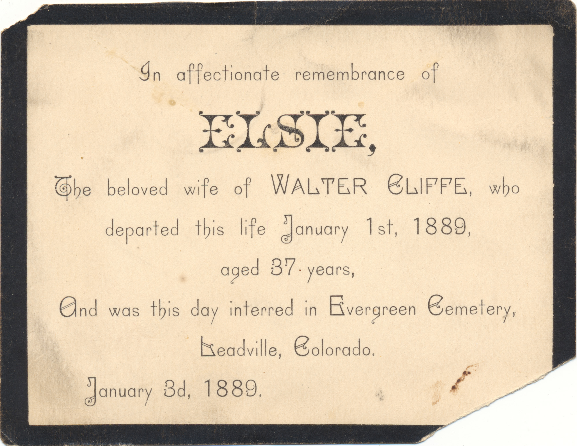 Dauth Family Archive - 1889-01-01 - Funeral Card For Elisabeth Dauth (Elsie Cliffe)