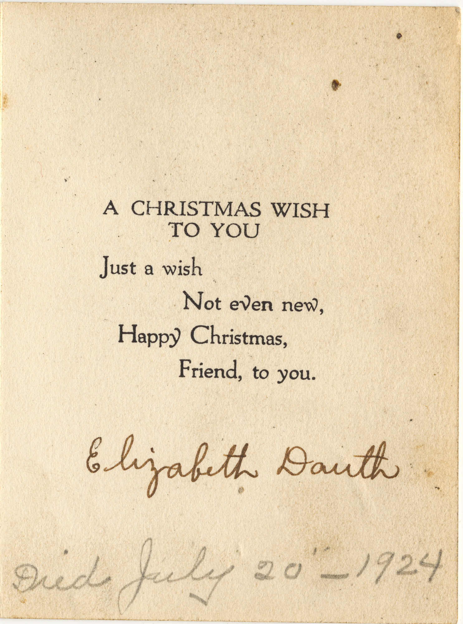 Dauth Family Archive - Circa 1924 - Christmas Card With Note About Elizabeth Dauth Death