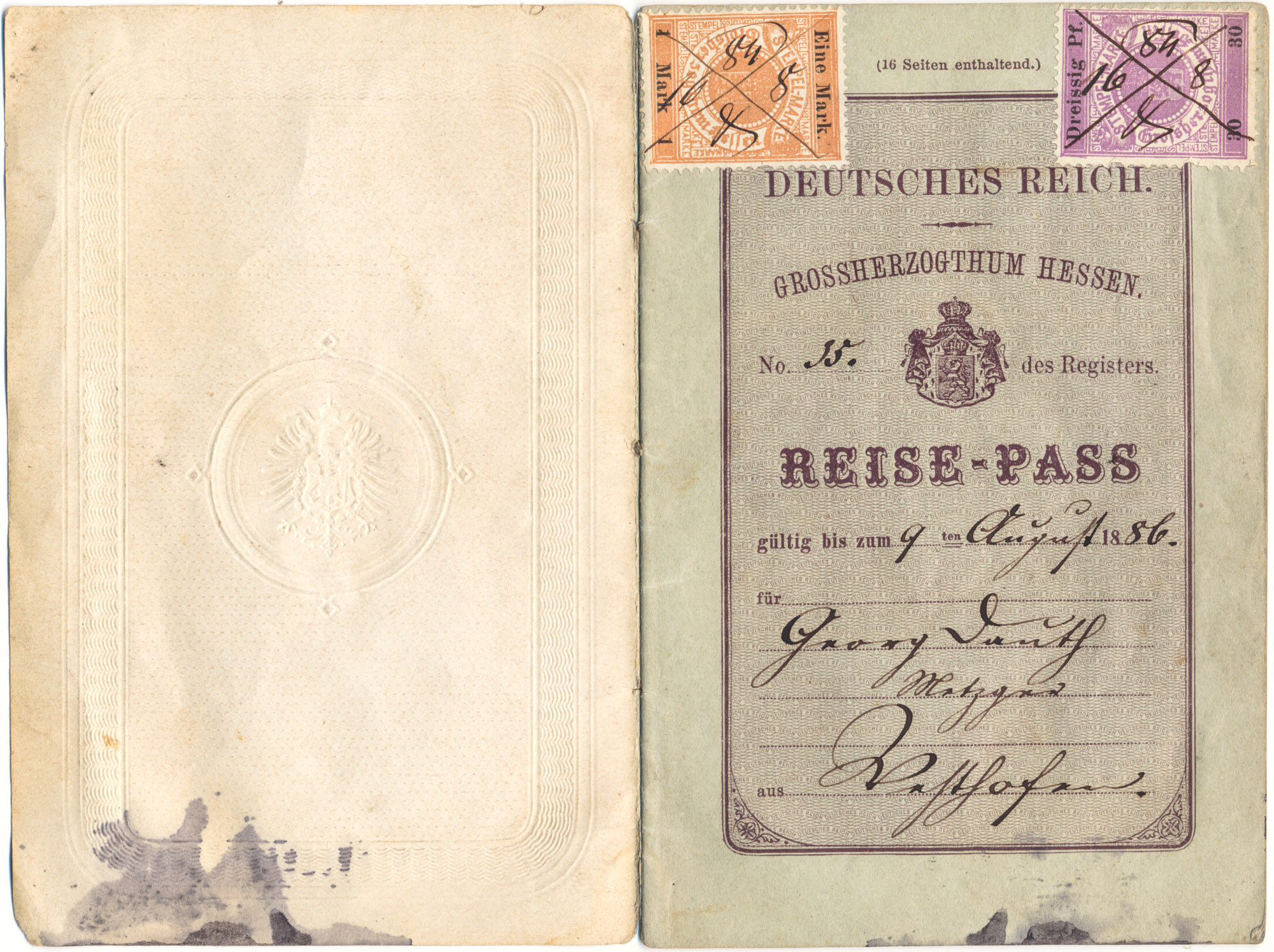 Dauth Family Archive - 1884-08-12 - George Dauth's German Passport - Page 1