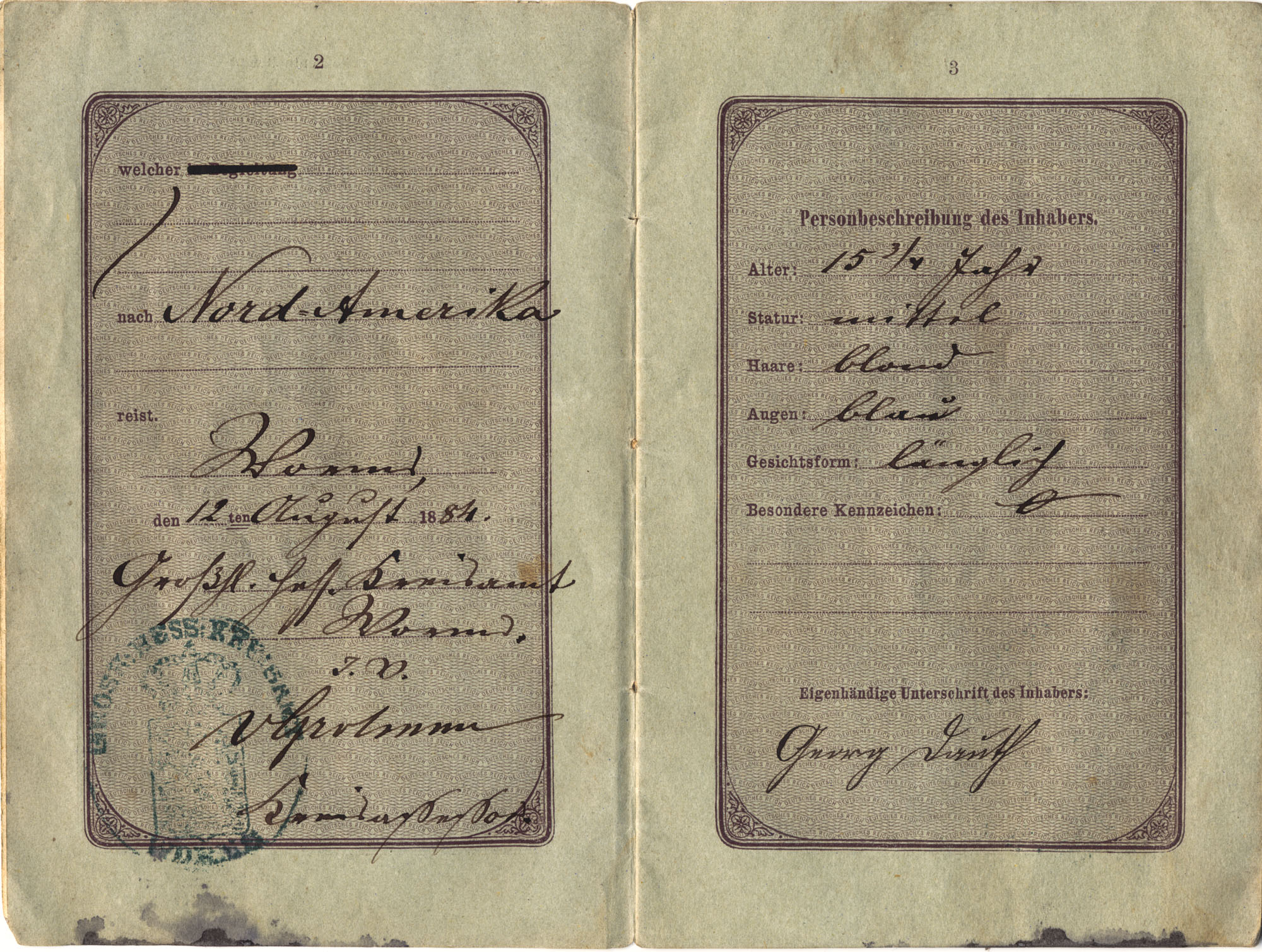 Dauth Family Archive - 1884-08-12 - George Dauth's German Passport - Pages 2-3