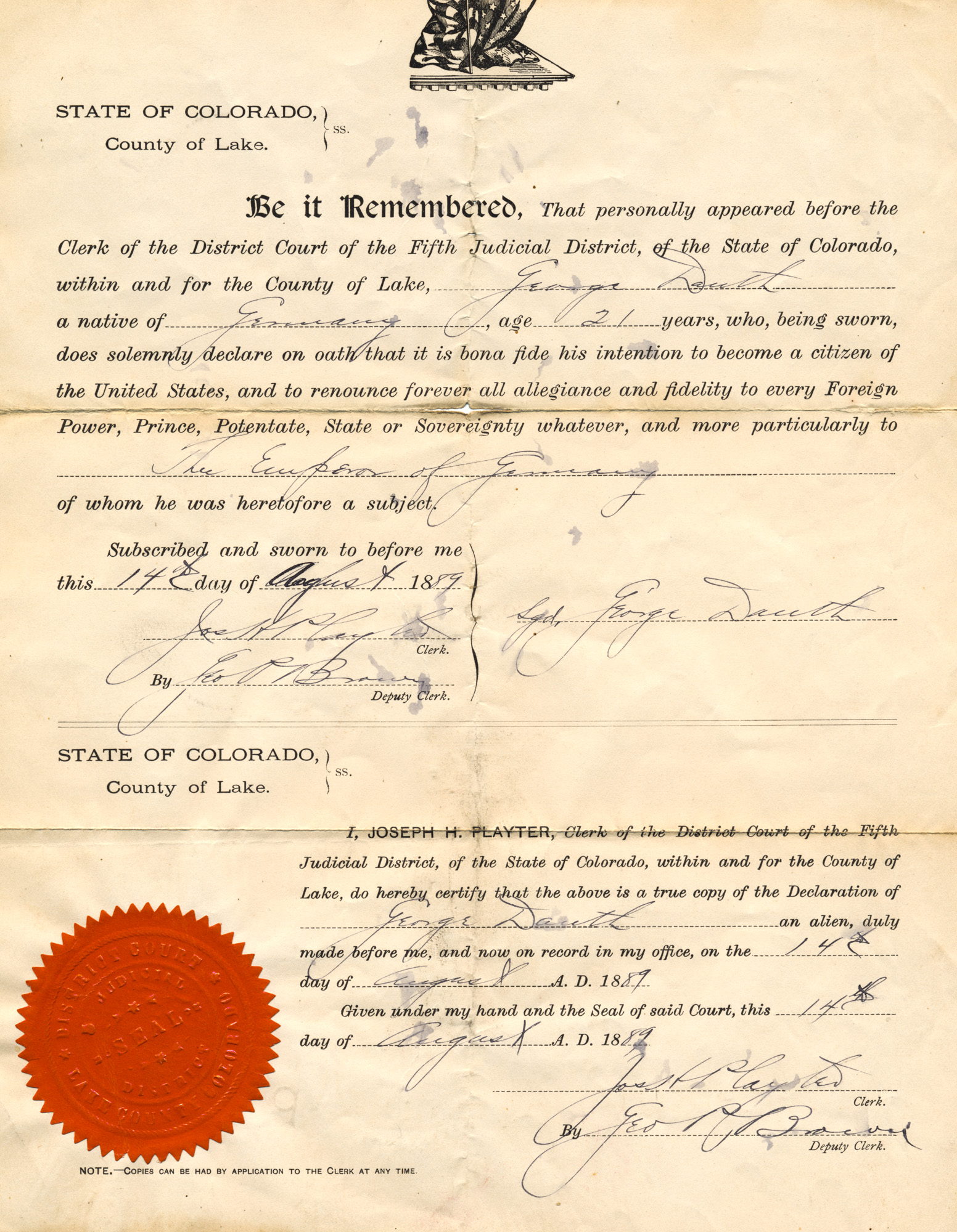Dauth Family Archive - 1889-08-14 - George Dauth USA Citizenship Papers
