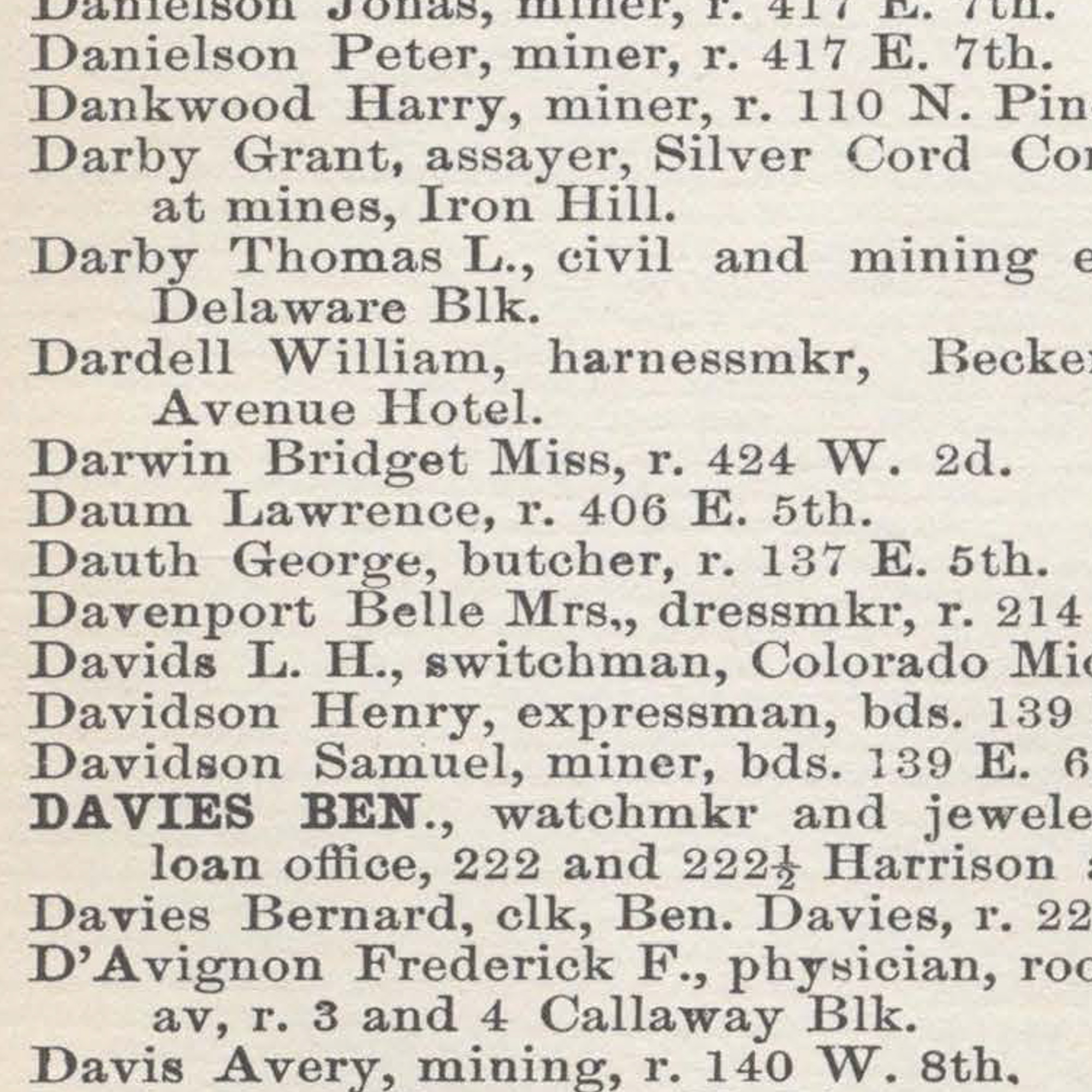 Dauth Family Archive - 1889 - Leadville Directory - Entry for George Dauth