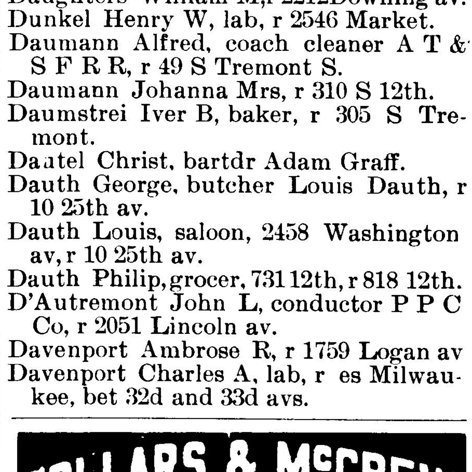Dauth Family Archive - 1894 - Denver Directory - Entry for George, Louis, and Philip Dauth