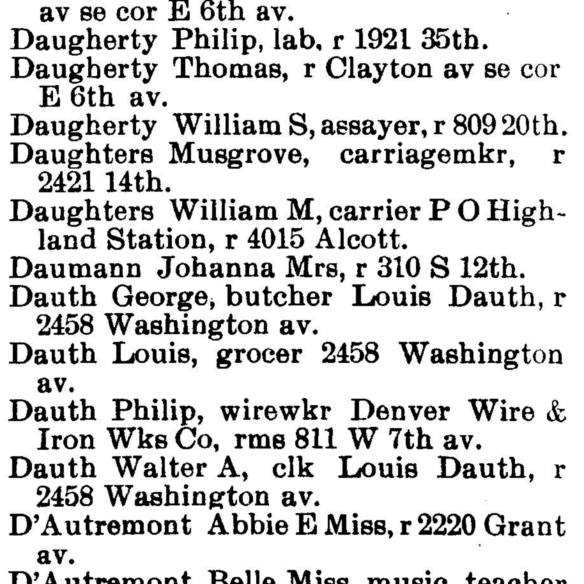 Dauth Family Archive - 1899 - Denver Directory - Entry for George, Louis, Philip, and Walter Dauth
