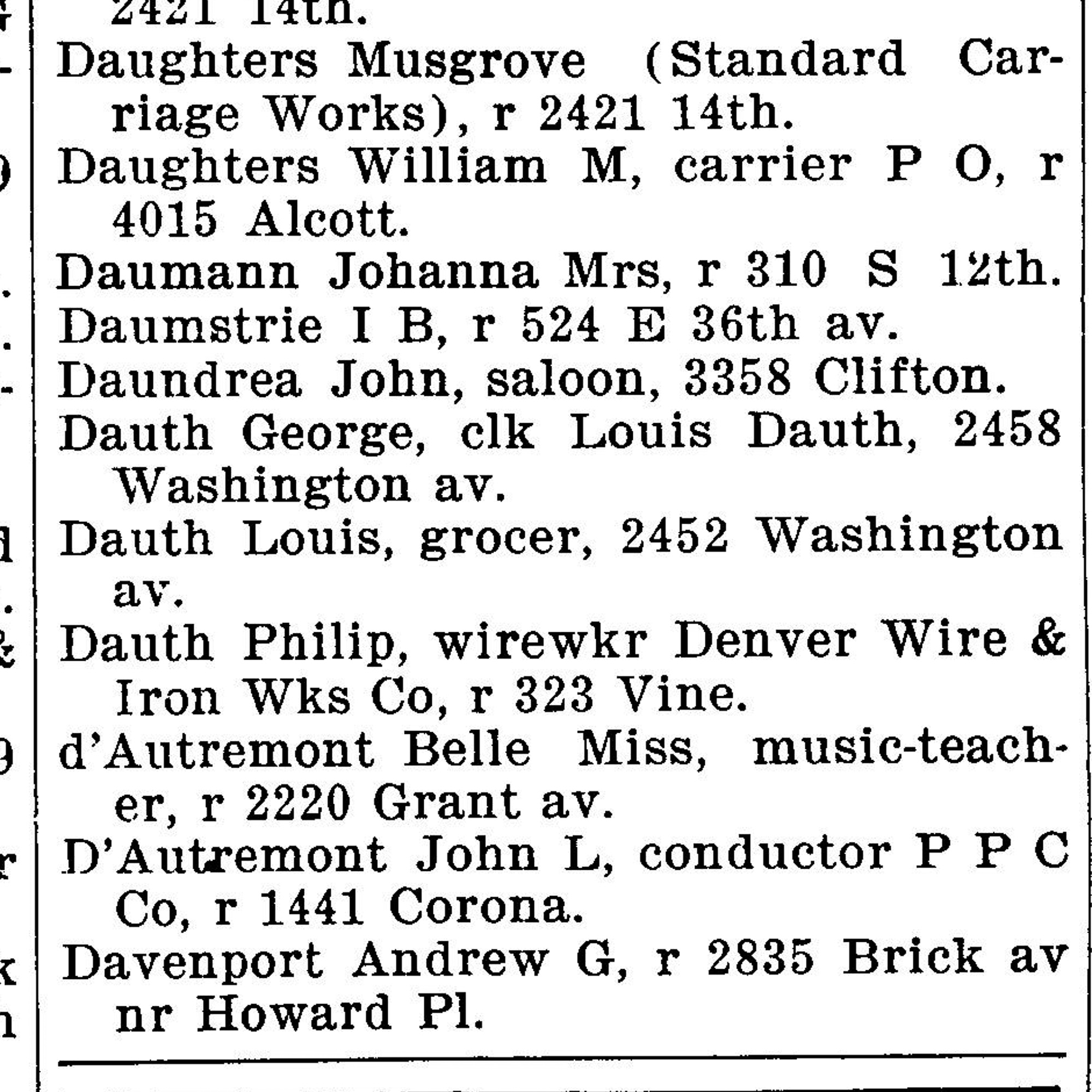 Dauth Family Archive - 1900 - Denver Directory - Entry for George, Louis, and Philip Dauth
