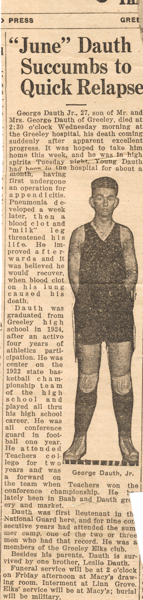 Dauth Family Archive - 1932-05-18 - Greeley Daily Tribune - June Dauth Obituary