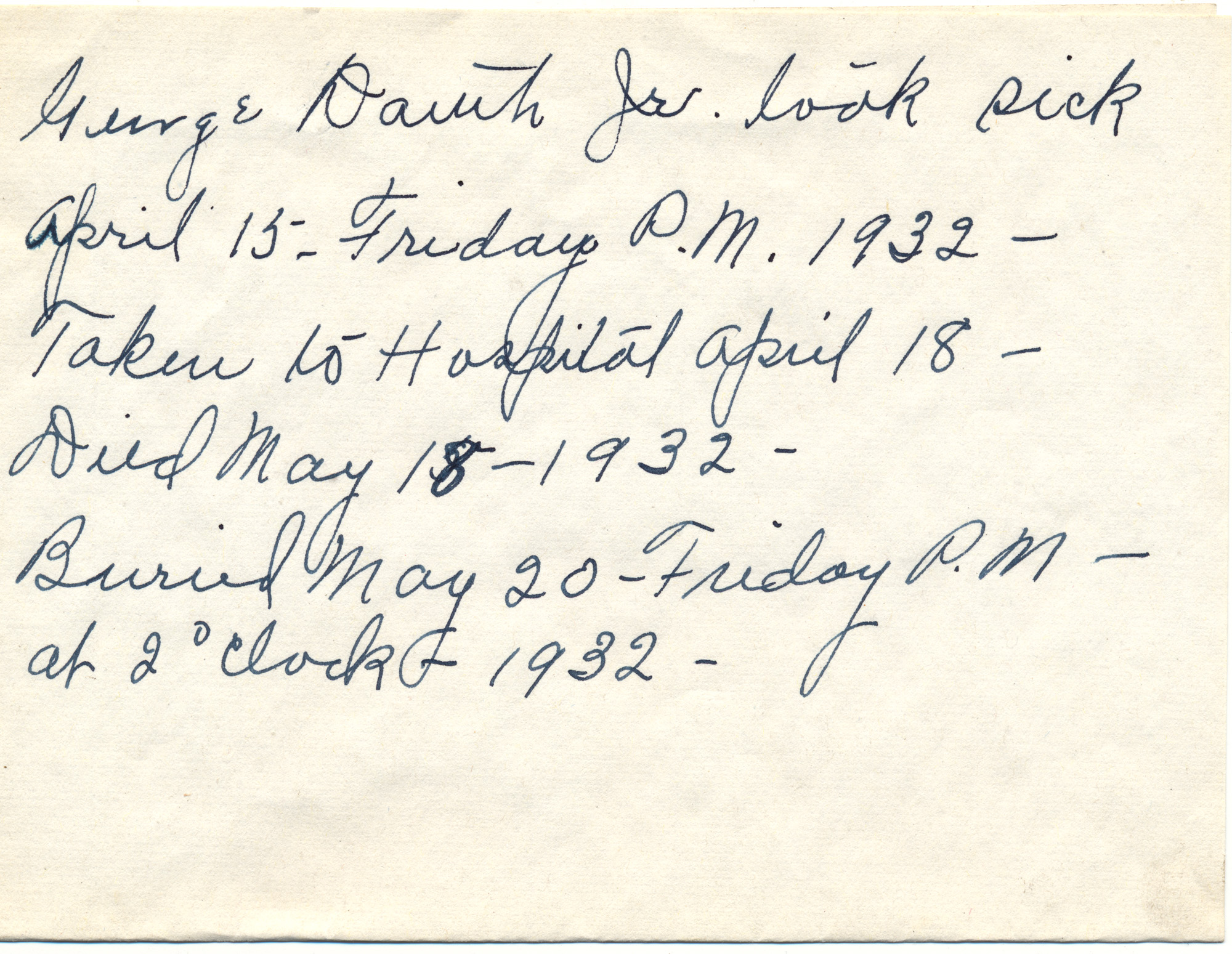 Dauth Family Archive - Circa 1932 - Notes About June Dauths Illness