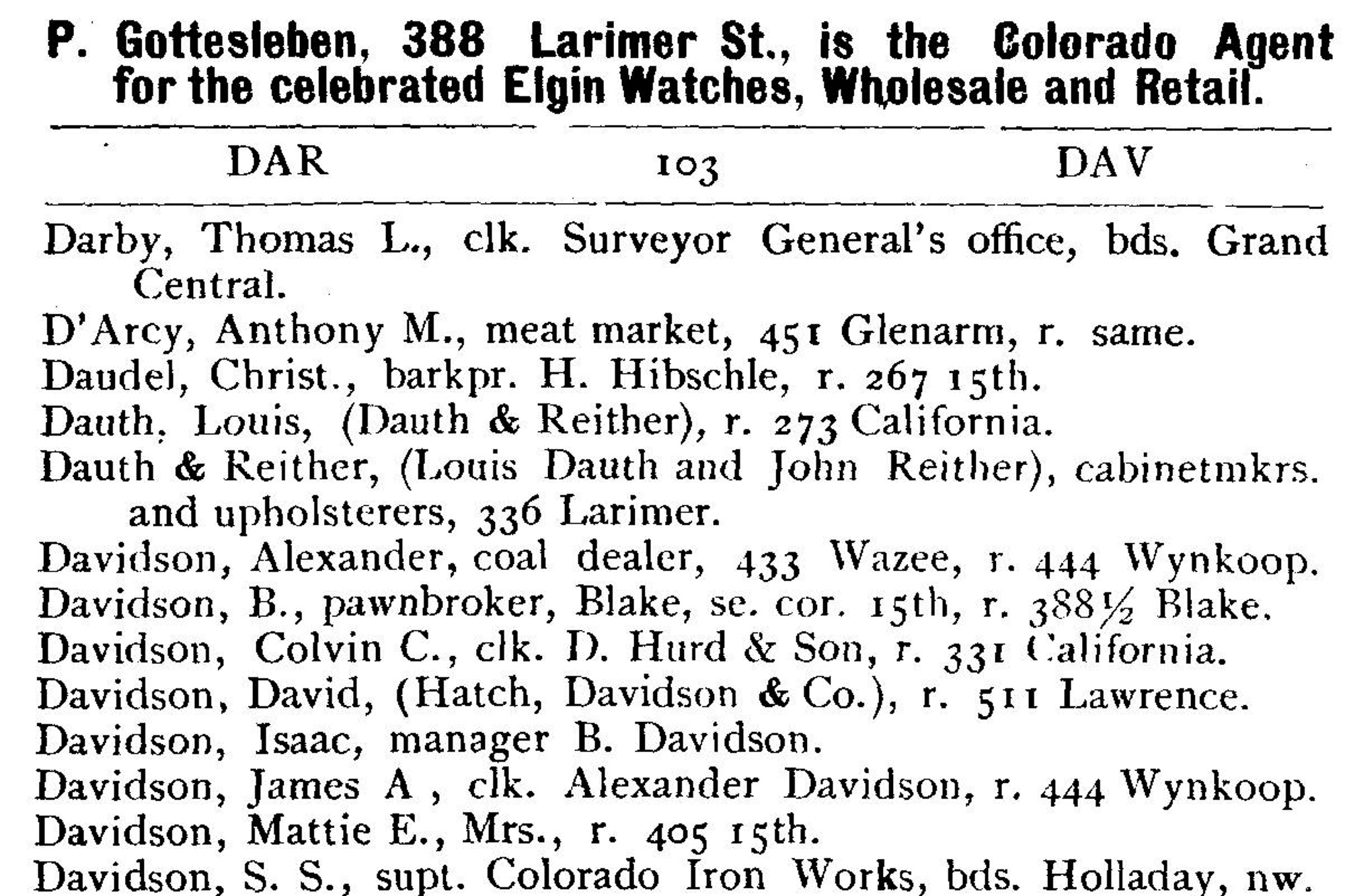 Dauth Family Archive - 1877 - Denver Directory - Entry For Louis Dauth