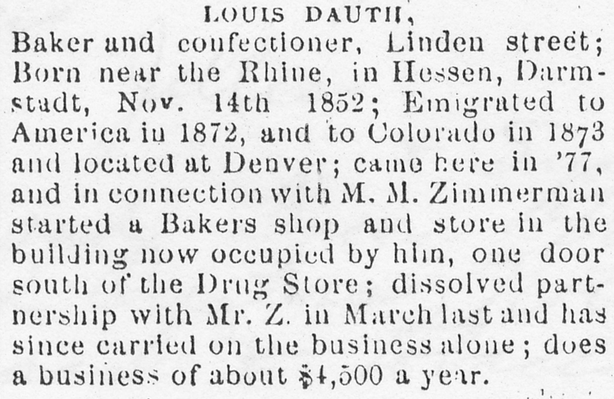 Dauth Family Archive - 1878-07-27 - The Courier - Business Profile of Louis Dauth
