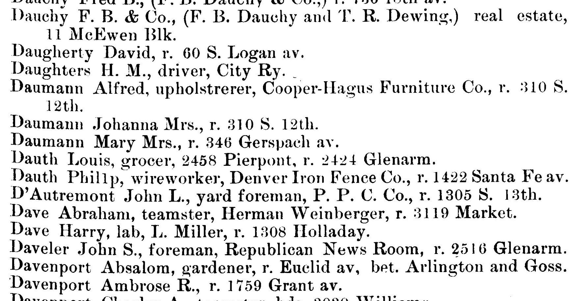 Dauth Family Archive - 1889 - Denver Directory - Entry For Louis and Phillip Dauth