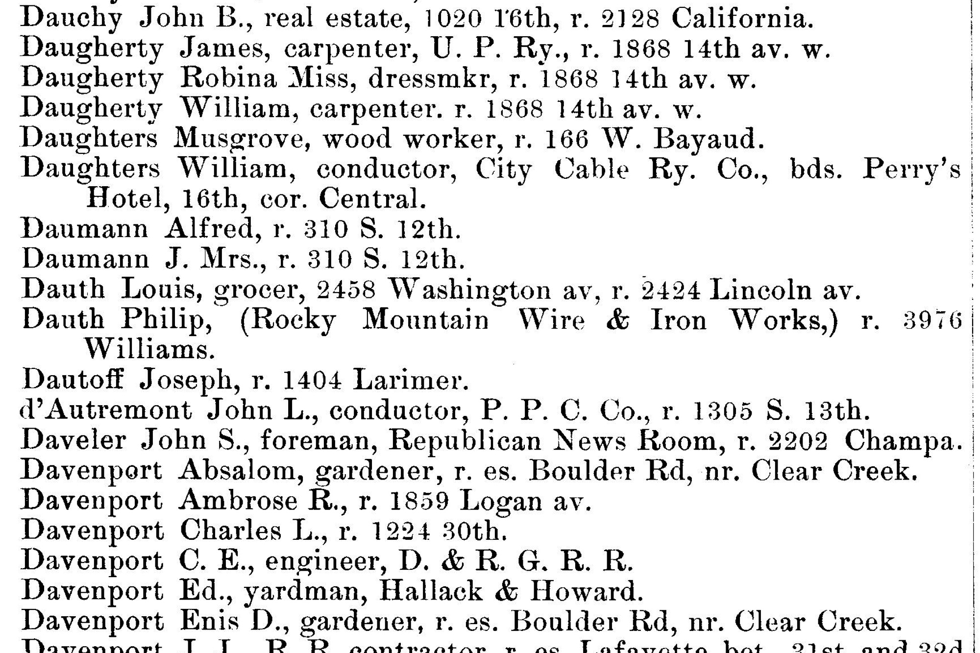Dauth Family Archive - 1890 - Denver Directory - Entry For Louis and Phillip Dauth