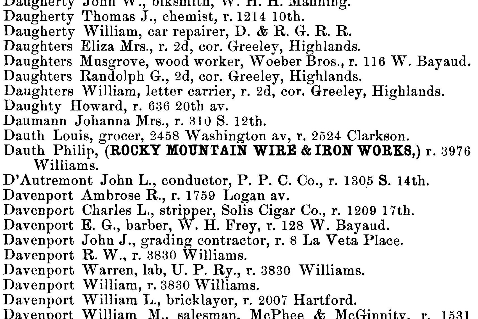 Dauth Family Archive - 1891 - Denver Directory - Entry for Louis and Philip Dauth