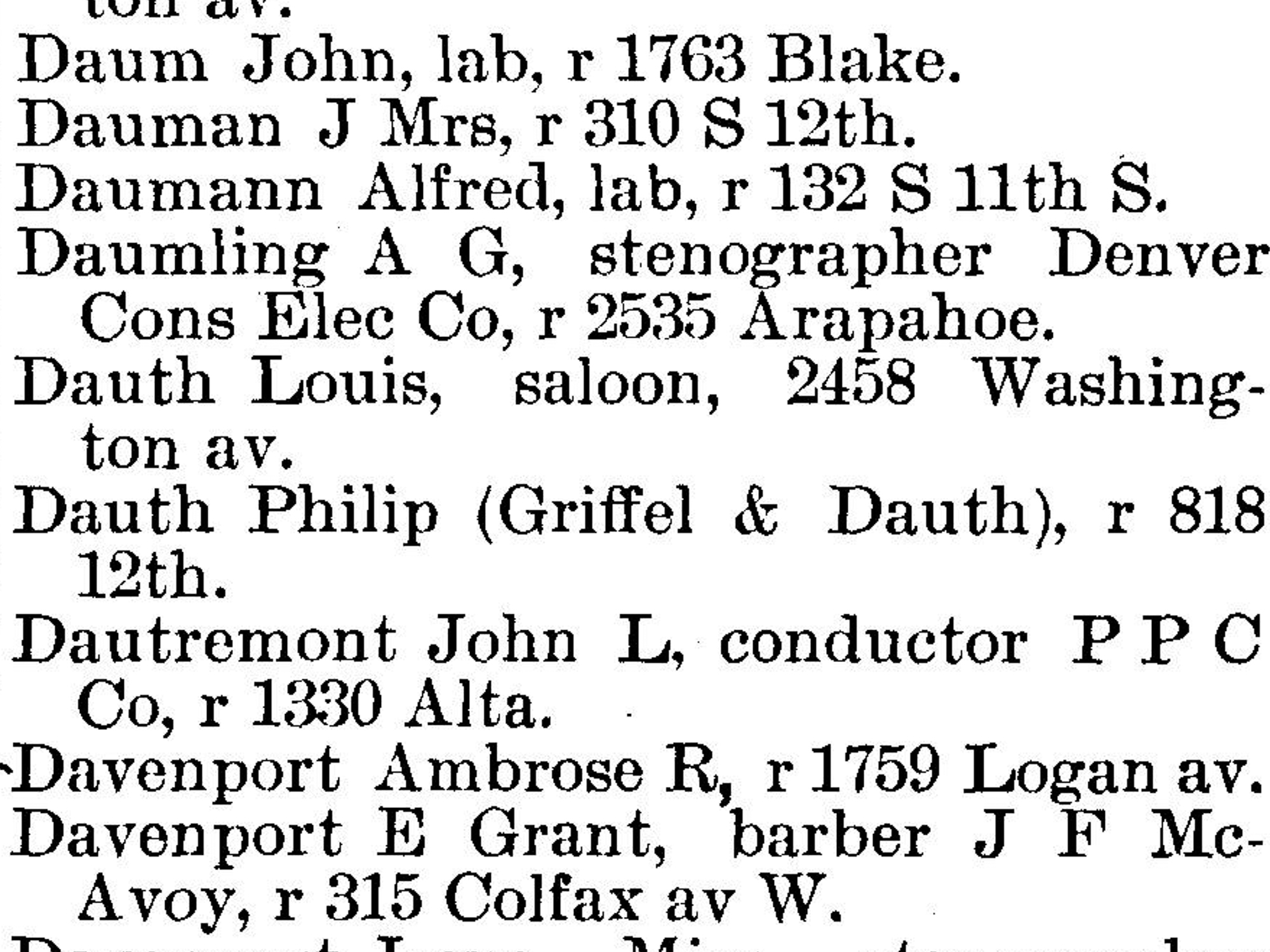 Dauth Family Archive - 1892 - Denver Directory - Entry for Louis and Philip Dauth