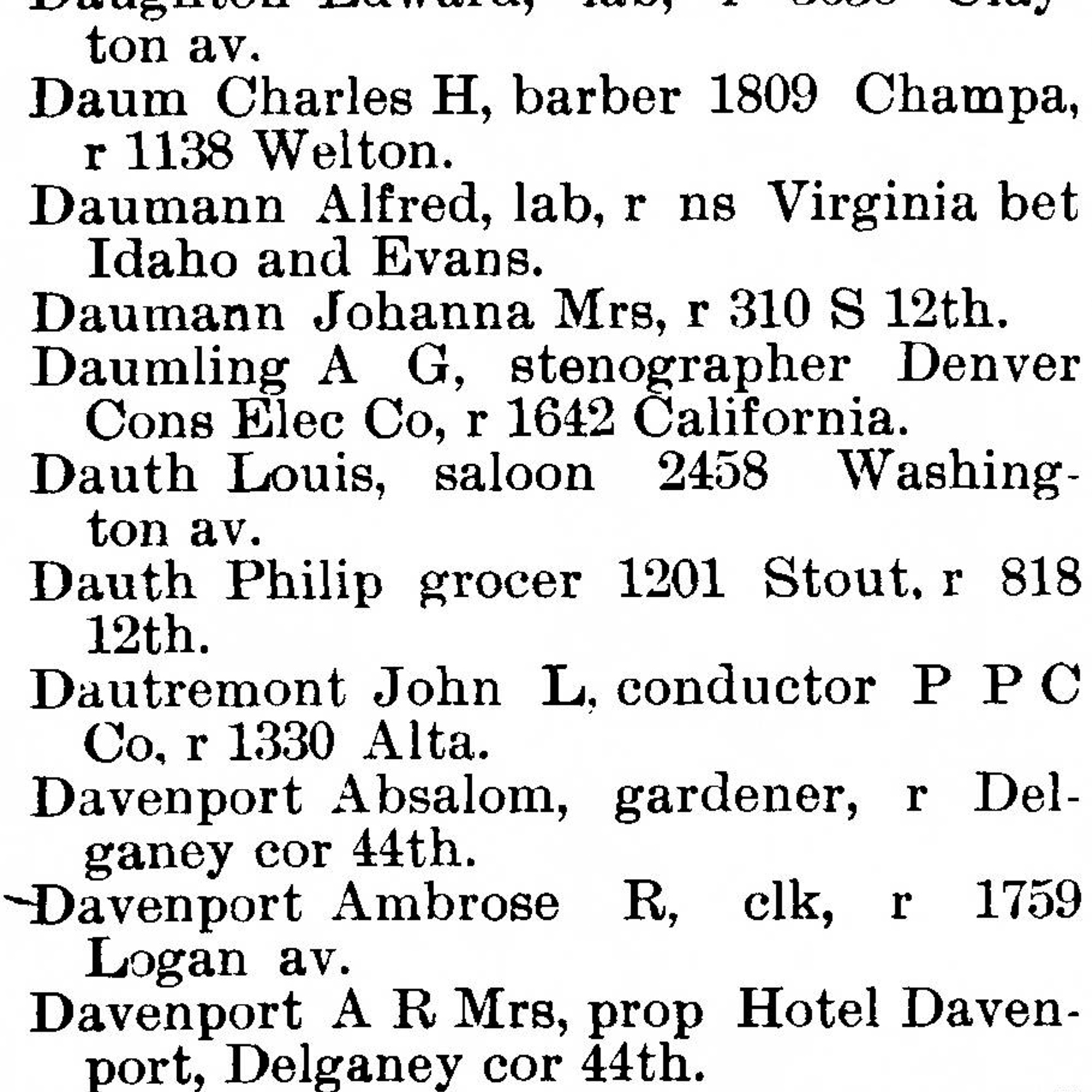 Dauth Family Archive - 1893 - Denver Directory - Entry for Louis and Philip Dauth