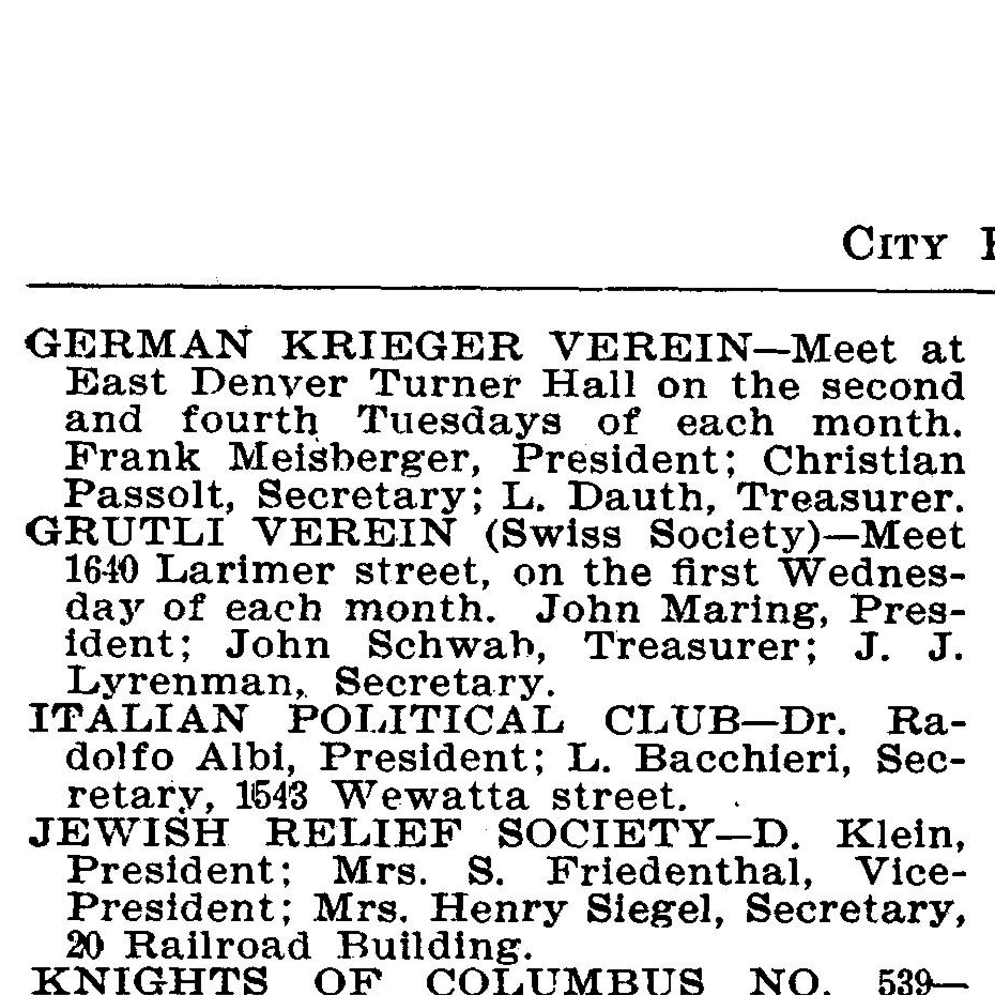 Dauth Family Archive - 1905 - Denver Directory - Entry For German Krieger Verein