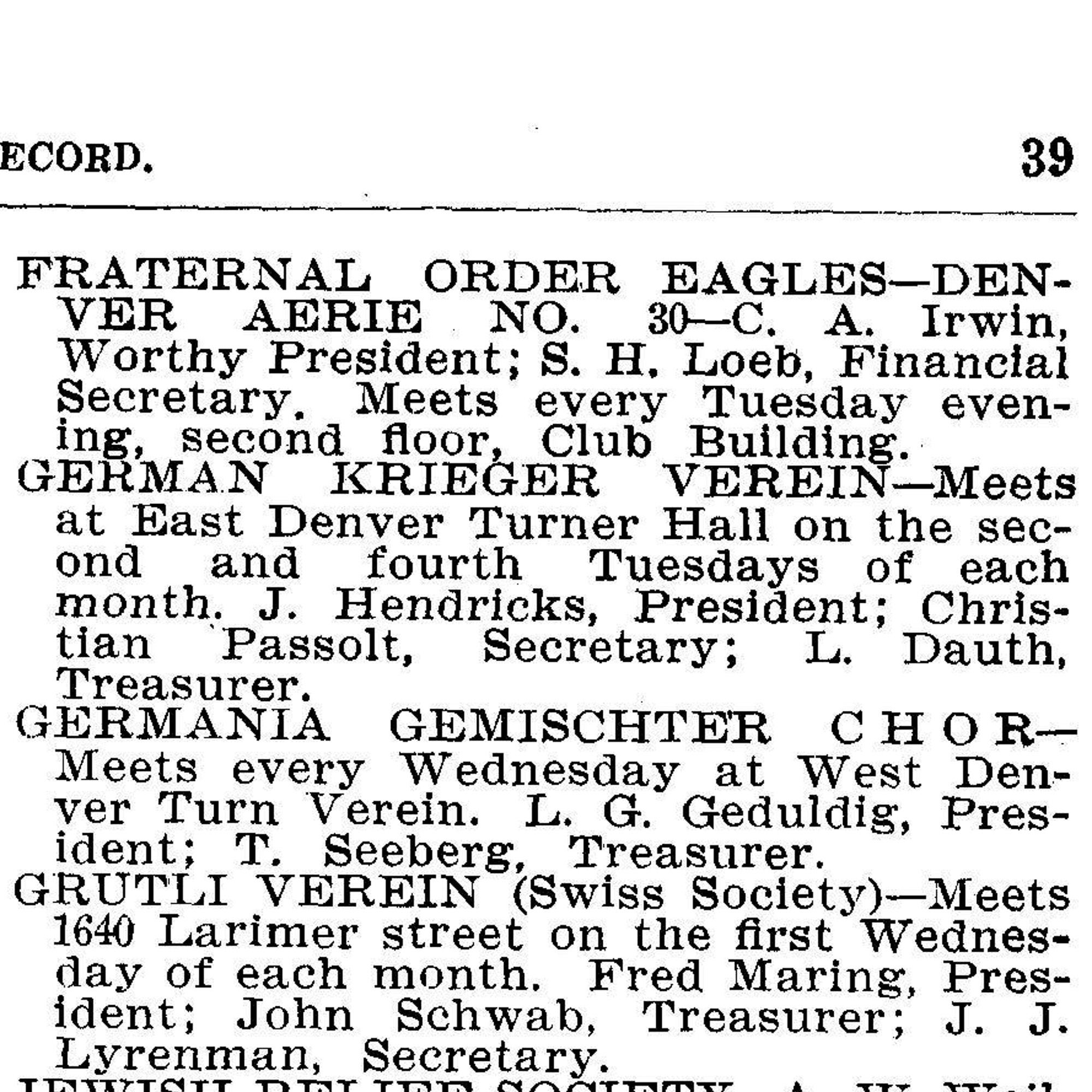 Dauth Family Archive - 1907 - Denver Directory - Entry For German Krieger Verein