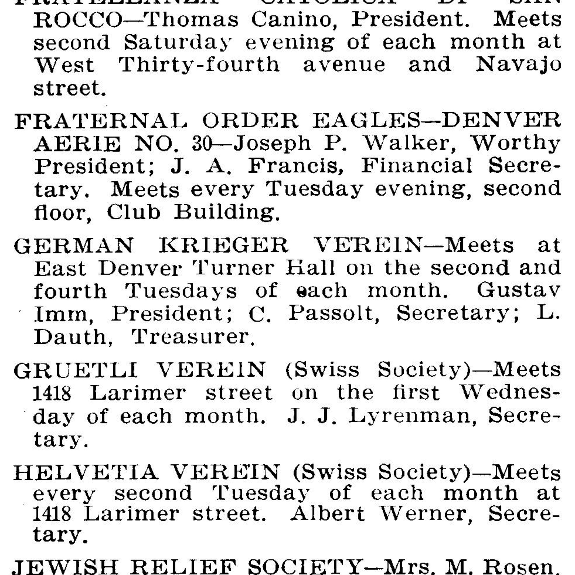 Dauth Family Archive - 1911 - Denver Directory - Entry For German Krieger Verein