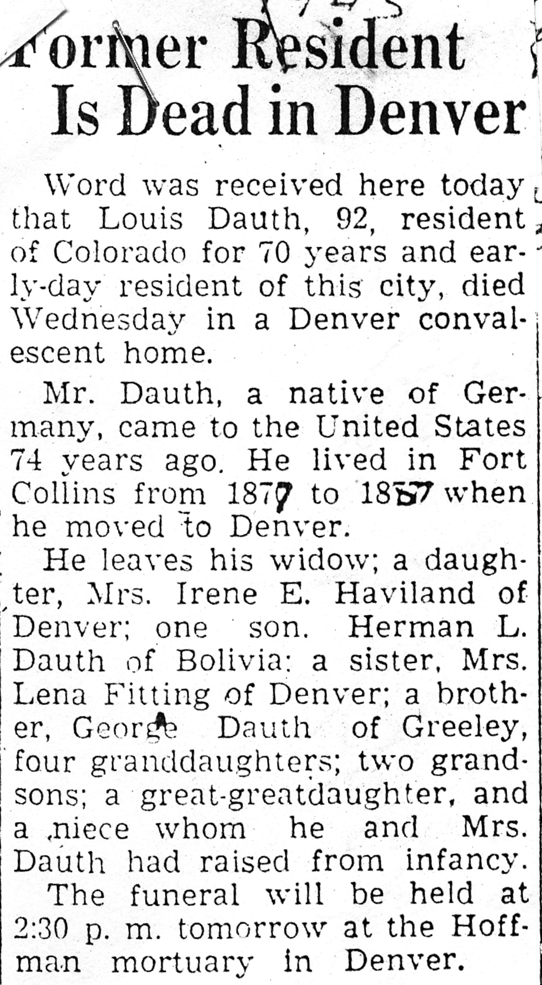 Dauth Family Archive - 1944-12-20 - Obituary Of Louis Dauth