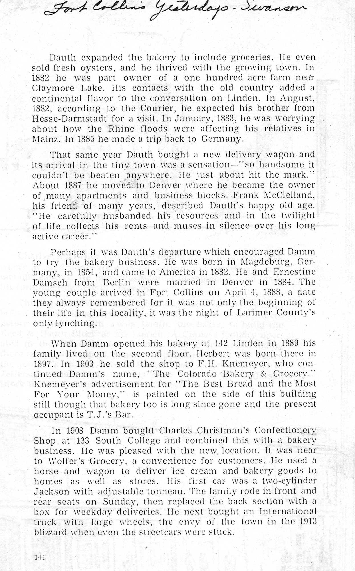 Dauth Family Archive - 1975 - Fort Collins Yesterdays - Page 143 - Detailed Life Story of Louis Dauth