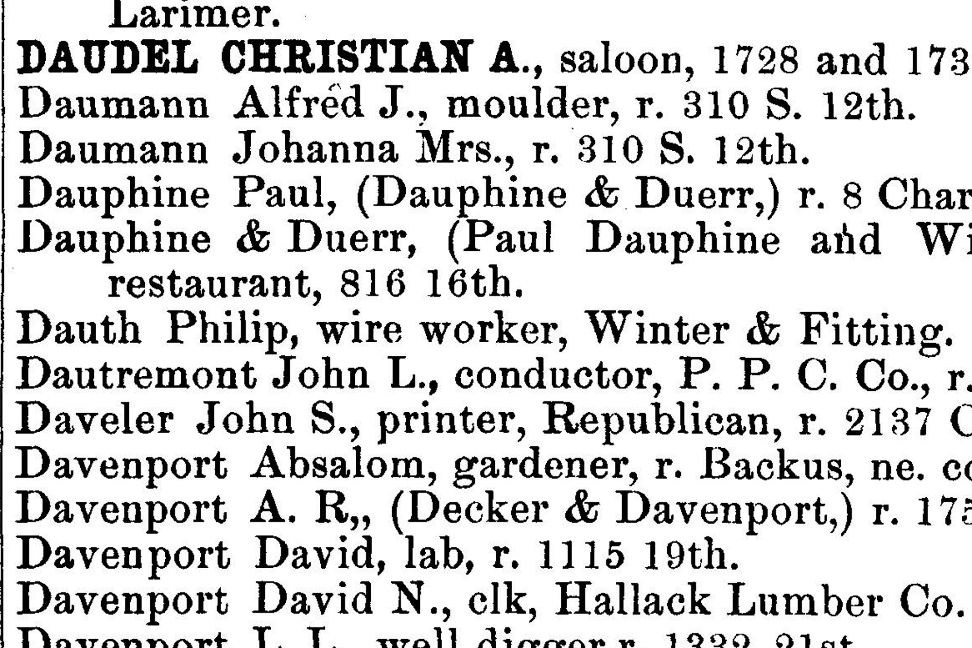 Dauth Family Archive - 1887 - Denver Directory - Entry For Philip Dauth