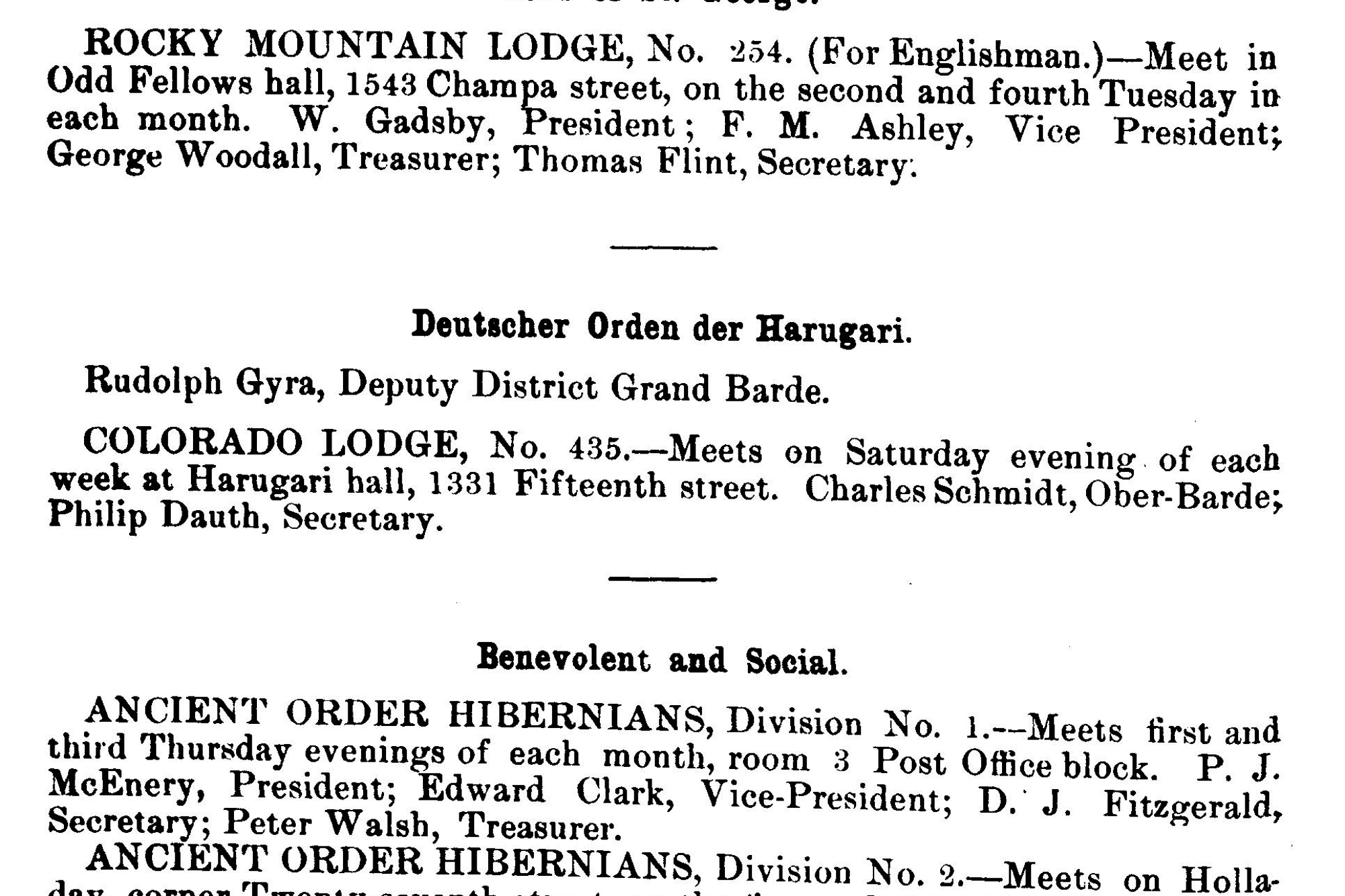 Dauth Family Archive - 1889 - Denver Directory - Entry For Deutscher Orden der Harugari