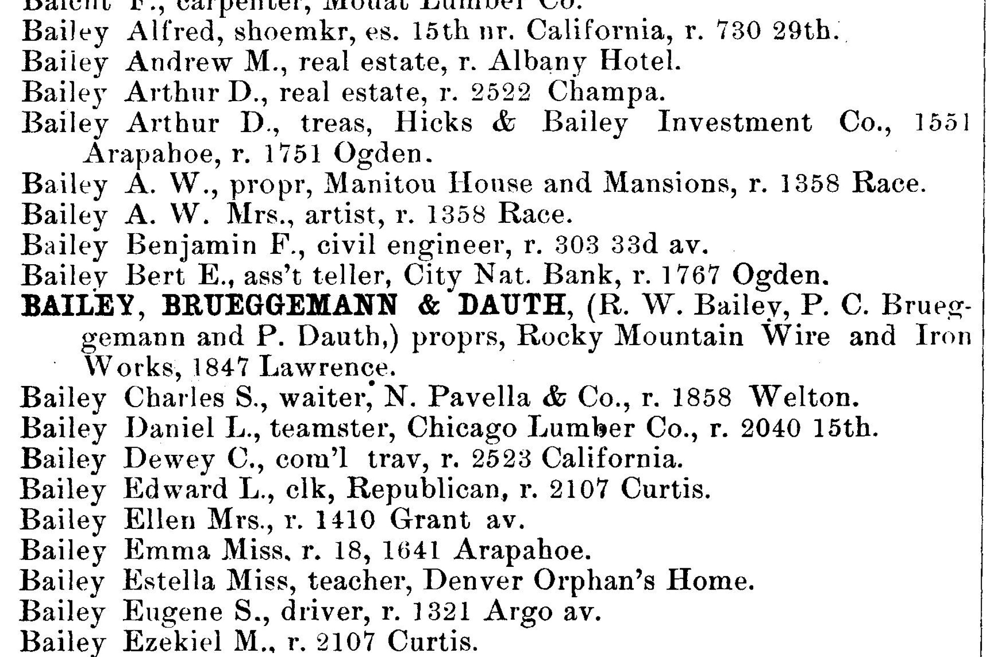Dauth Family Archive - 1890 - Denver Directory - Entry For Brueggemann and Dauth