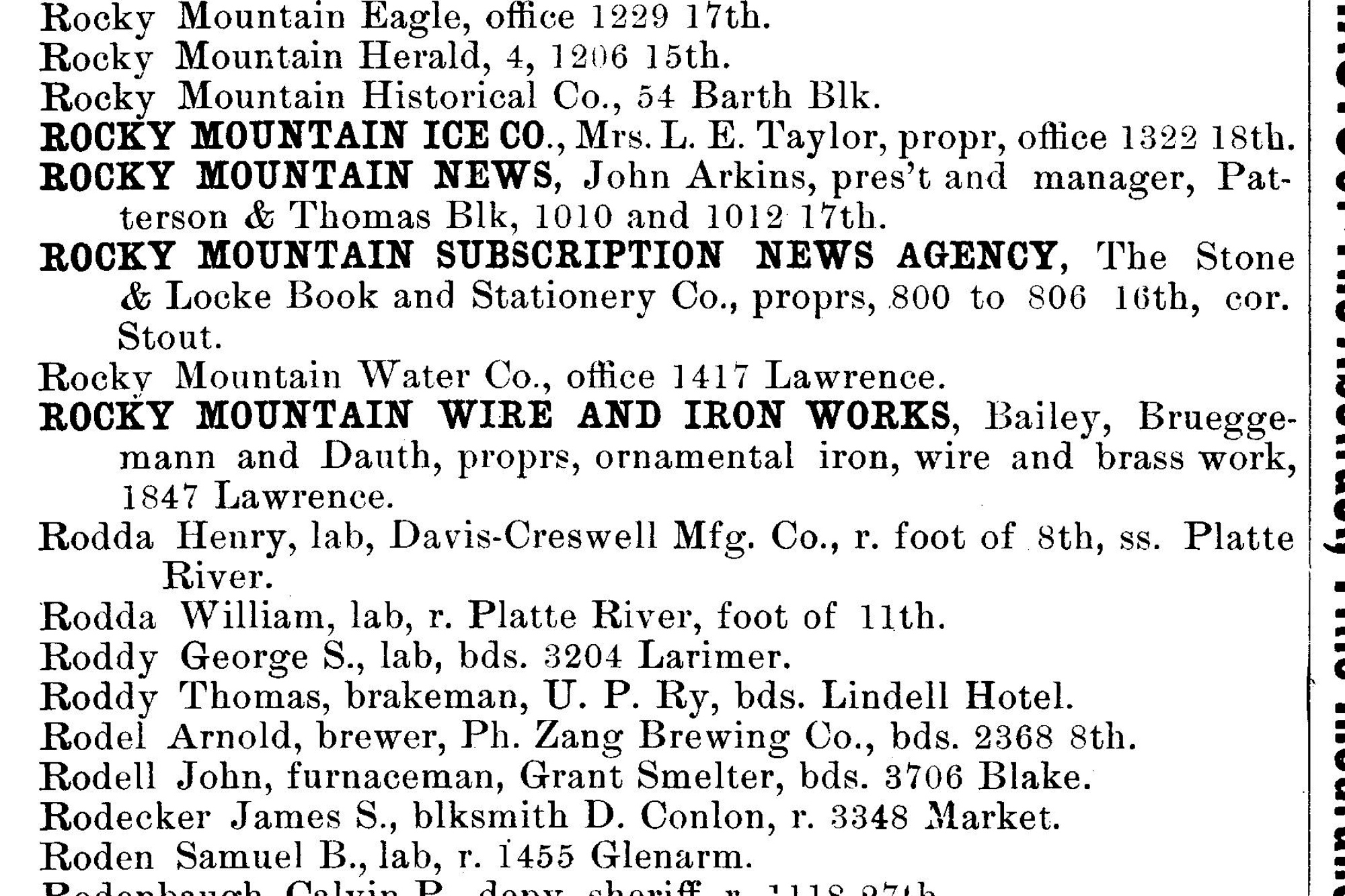 Dauth Family Archive - 1890 - Denver Directory - Entry For Rocky Mountain Wire and Iron Works