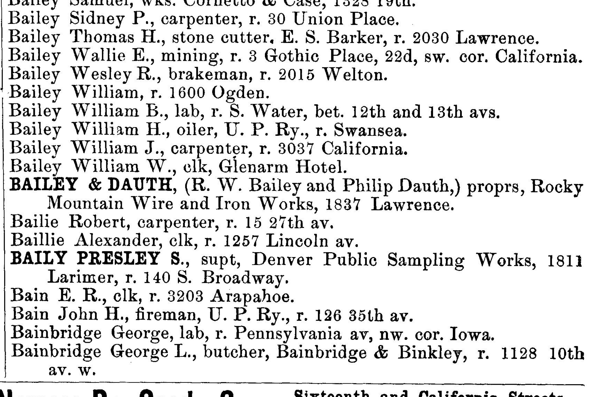 Dauth Family Archive - 1891 - Denver Directory - Entry For Bailey And Dauth