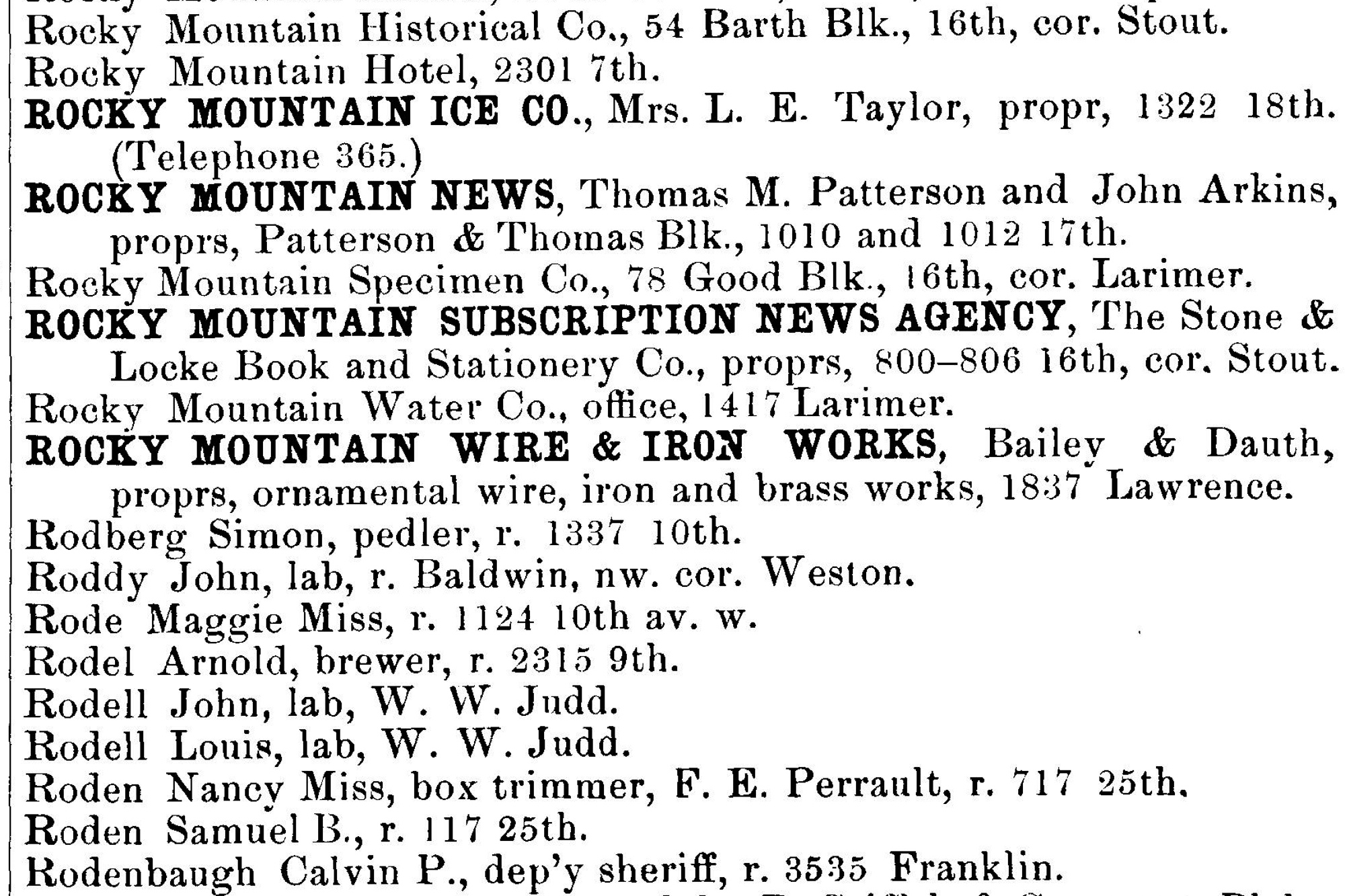 Dauth Family Archive - 1891 - Denver Directory - Entry For Rocky Mountain Wire and Iron Works
