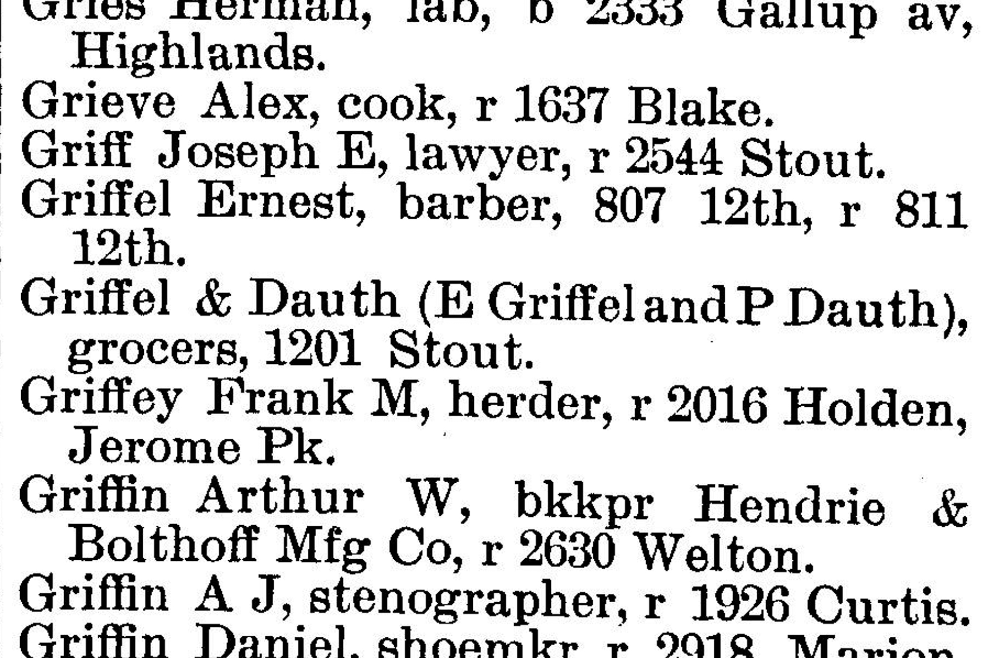 Dauth Family Archive - 1892 - Denver Directory - Entry For Griffel and Dauth