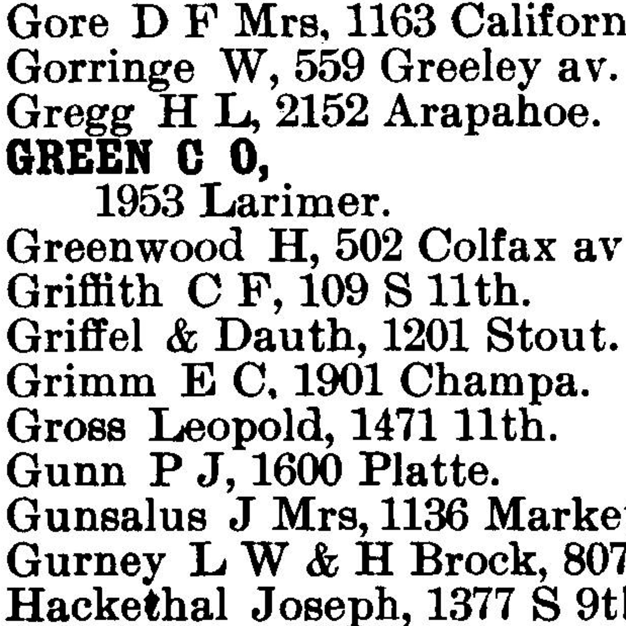Dauth Family Archive - 1892 - Denver Directory - Entry for Griffel and Dauth