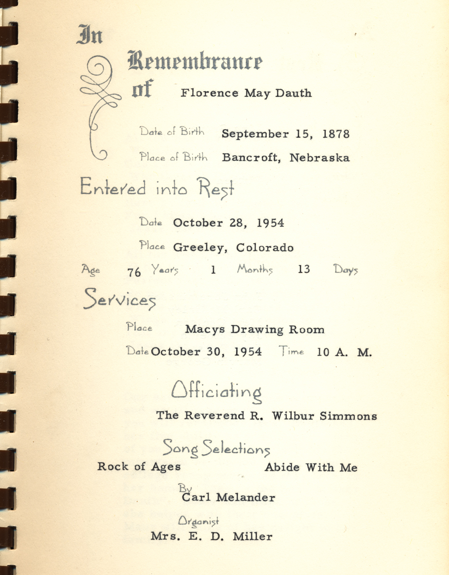 Dauth Family Archive - 1954-10-28 - Funeral card of Forence Dauth - Page 1