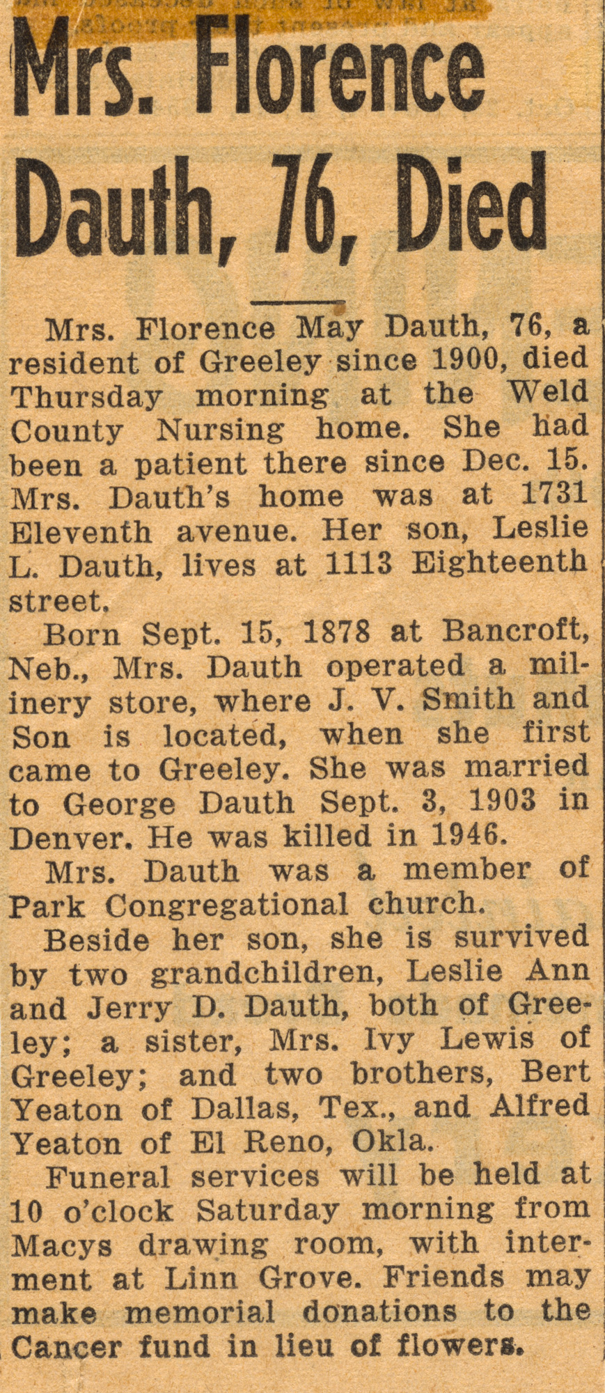 Dauth Family Archive - 1954-10-28 - Obituary of Florence Dauth