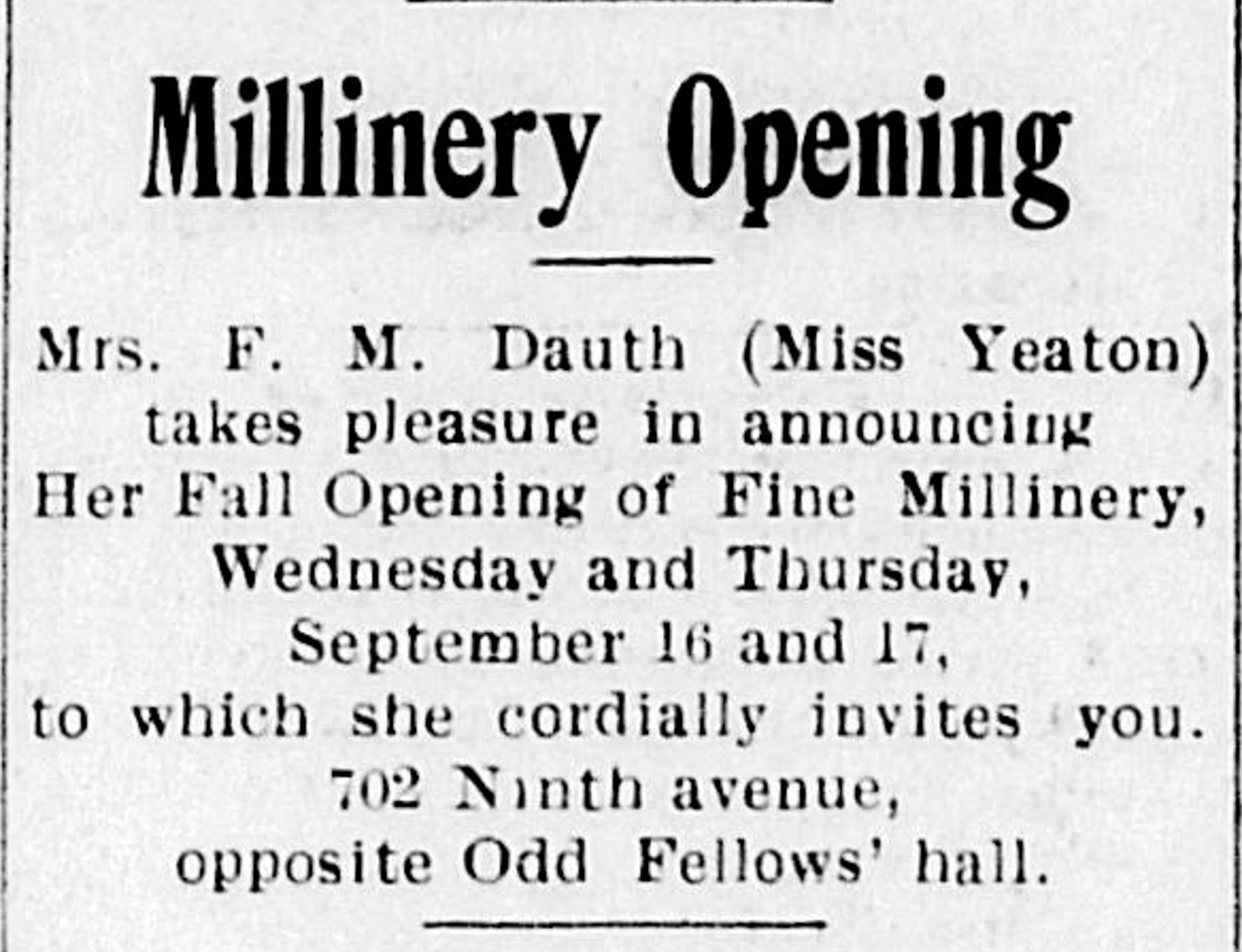 Dauth Family Archive - 1903-09-10 - The Greeley Tribune - Florence Yeaton Millinery Announcement